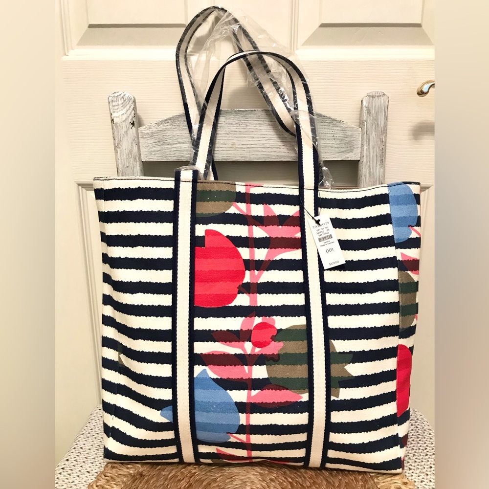 Talbots Flowers and Stripes Canvas Tote Bag NWT